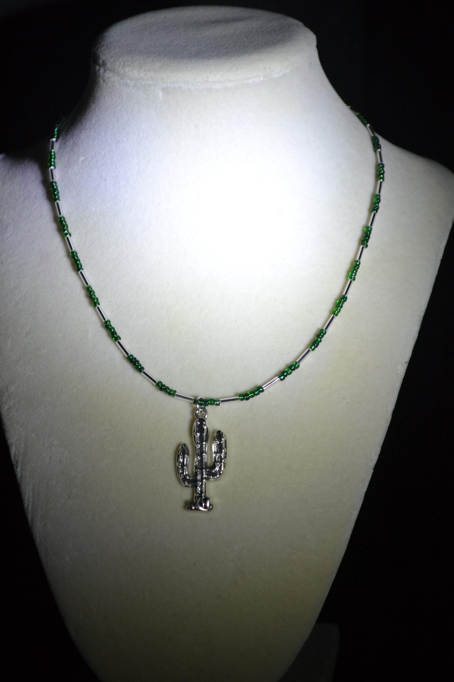 Cactus pendant glass bead necklace. Green and silver