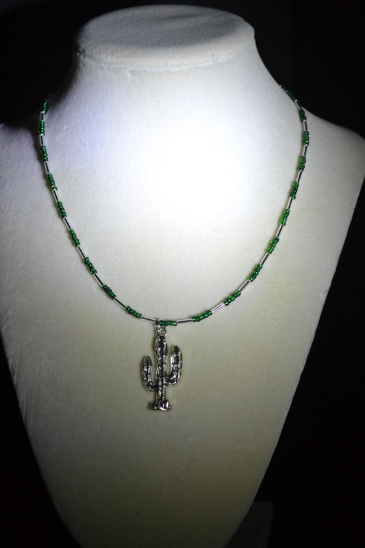 Cactus pendant glass bead necklace. Green and silver