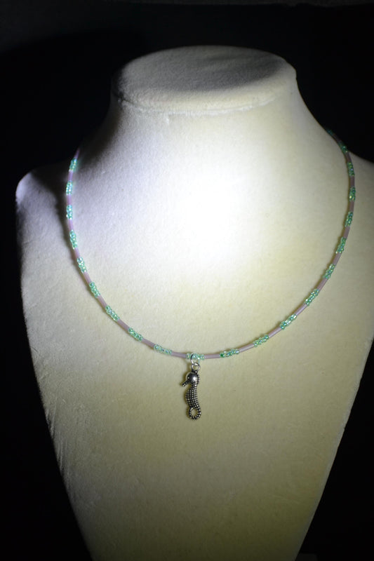 Seahorse pendant glass bead necklace. Blue and amethyst
