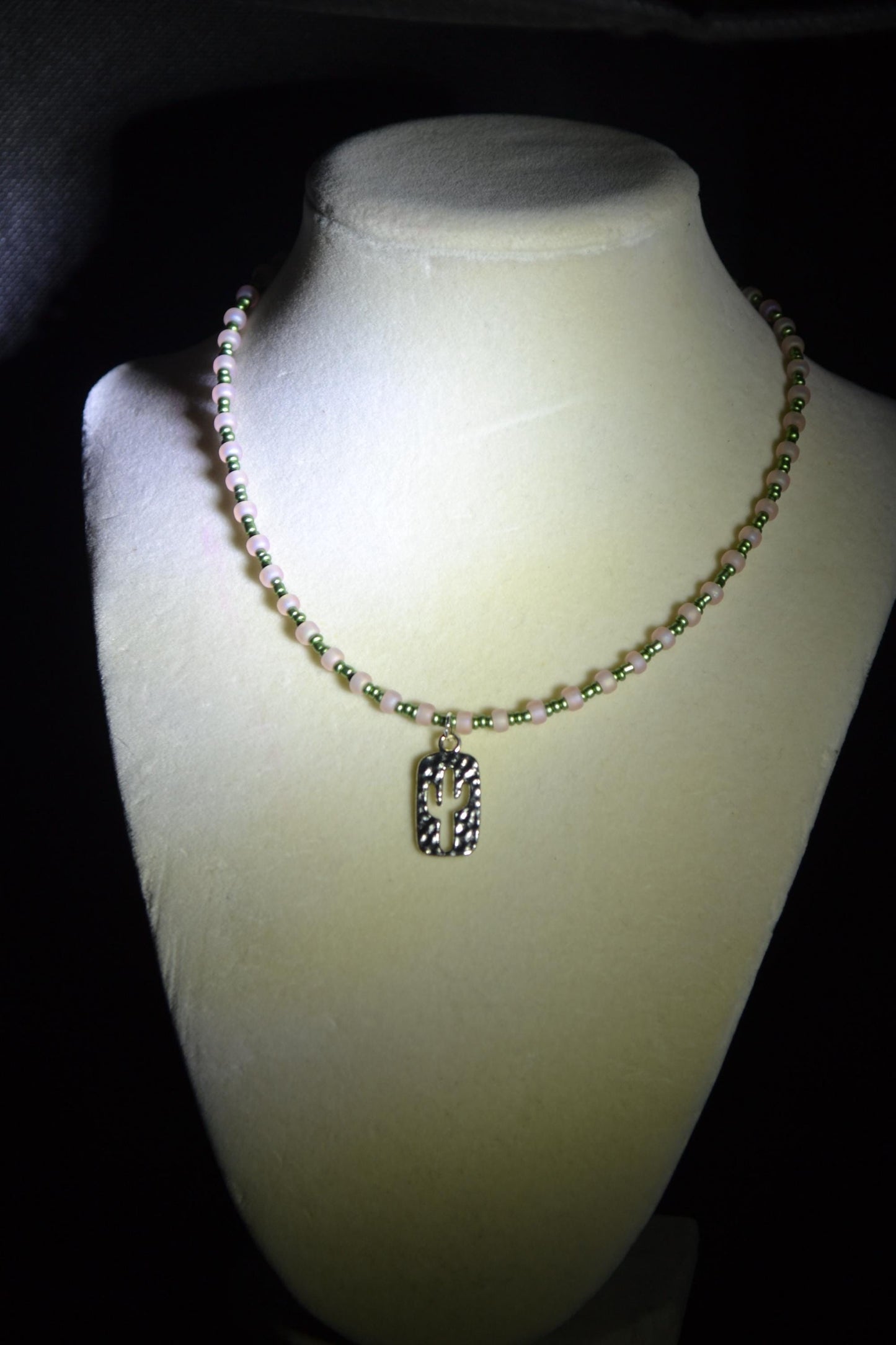 Cactus pendant glass bead necklace. Metallic green and pink