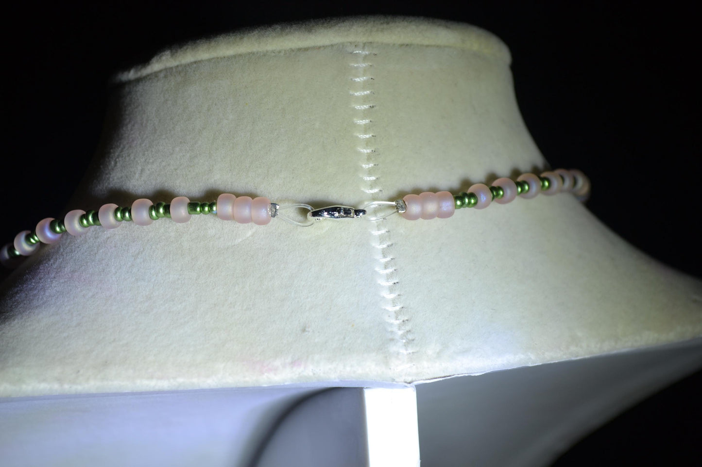 Cactus pendant glass bead necklace. Metallic green and pink