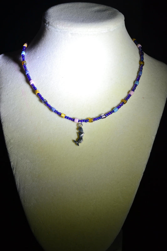 Mermaid pendant glass bead choker. Blue and mixed natural colors