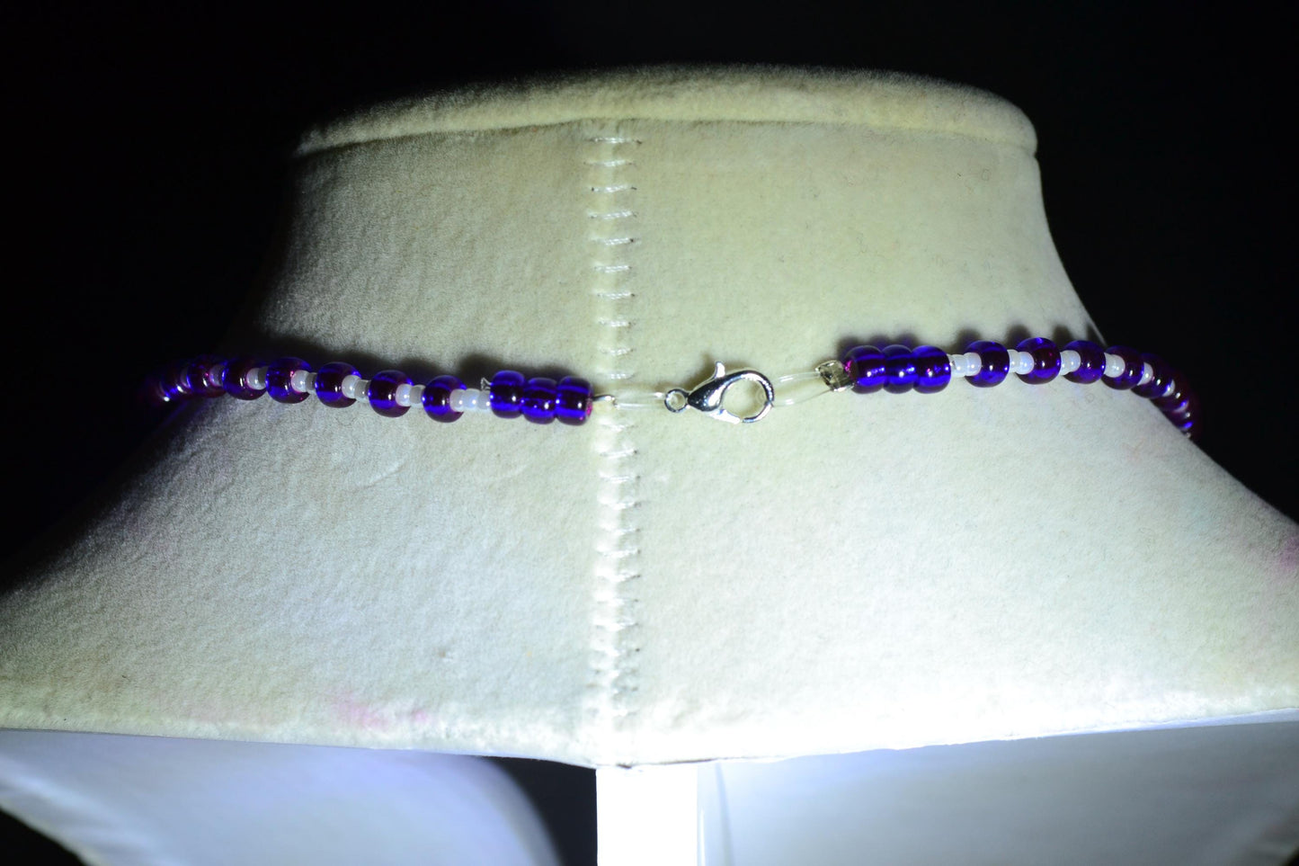 Shark Jaws pendant glass bead necklace. Blue and pearl
