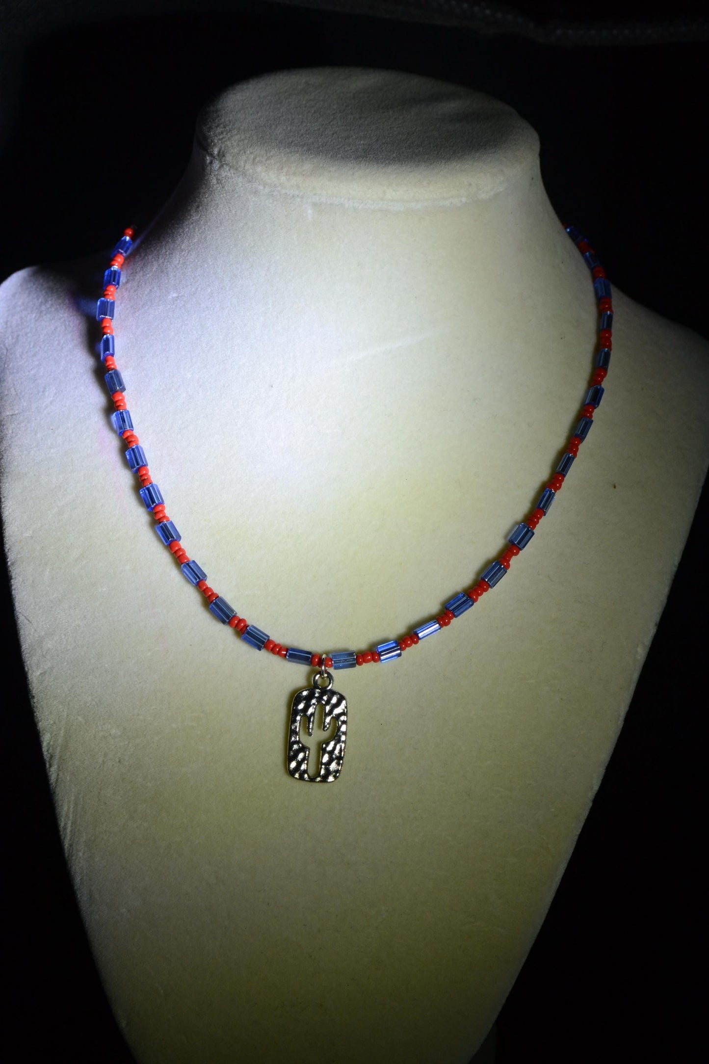 Cactus pendant glass bead necklace. Blue and red