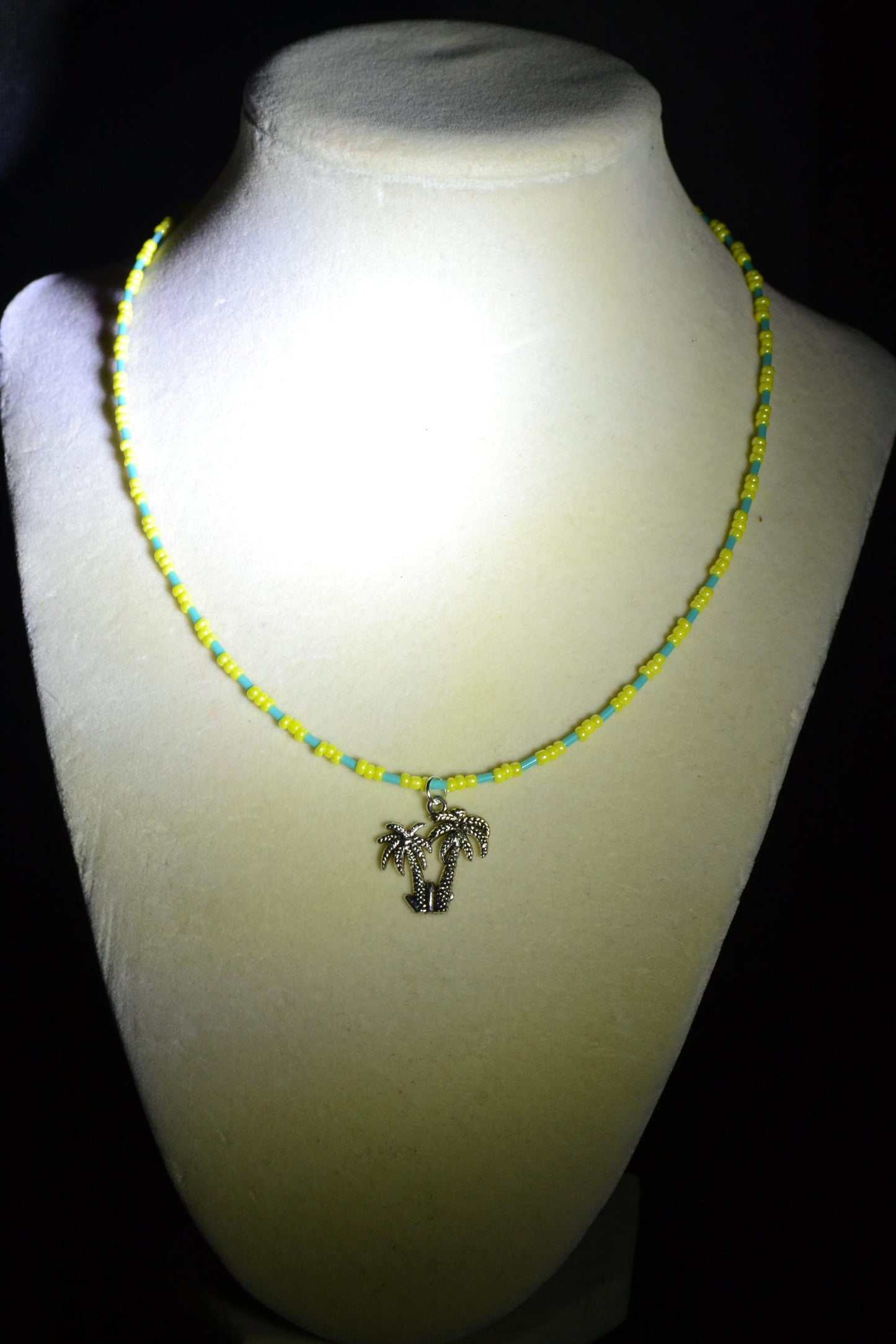 Palm Trees pendant glass bead necklace. Aqua and yellow