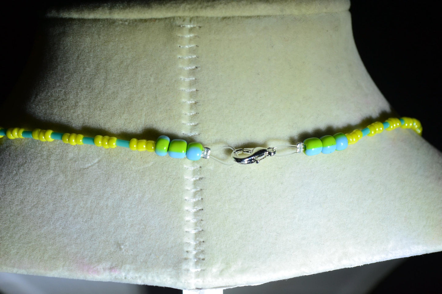 Palm Trees pendant glass bead necklace. Aqua and yellow
