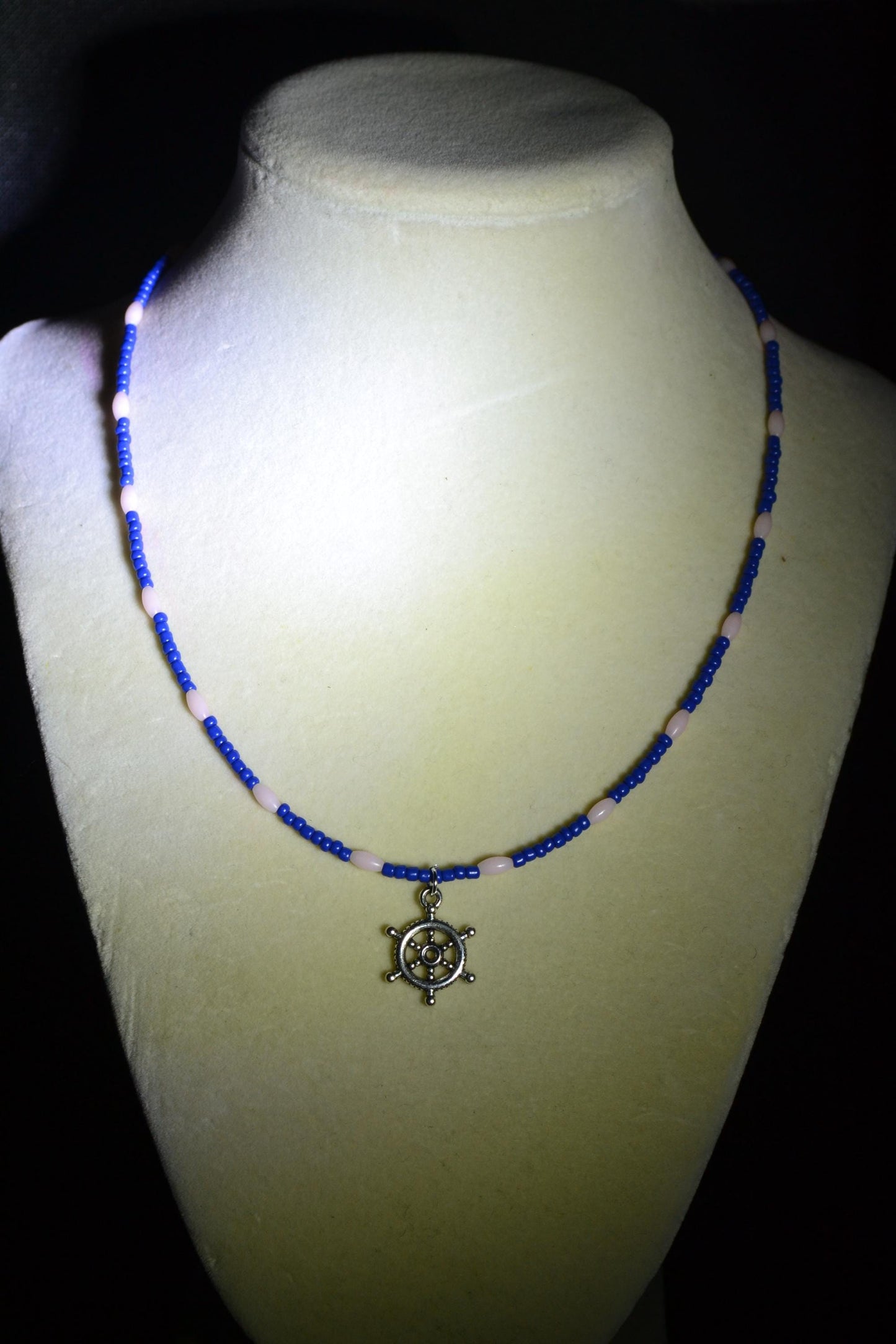 Nautical pendant glass bead necklace. Navy and pink
