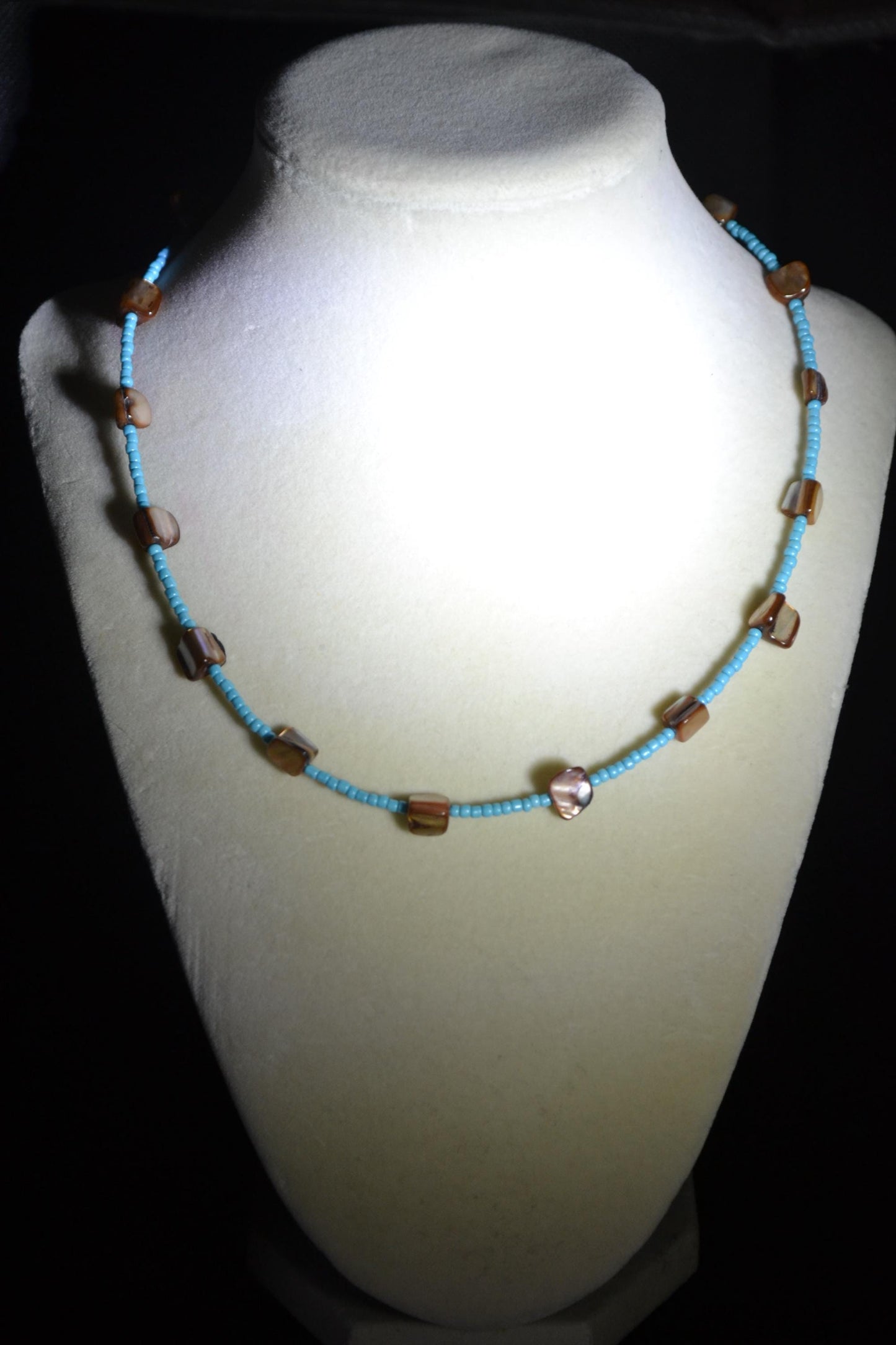 Multicolor glass bead necklace. Aqua and brown abalone