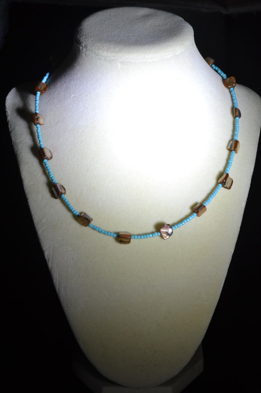 Multicolor glass bead necklace. Aqua and brown abalone