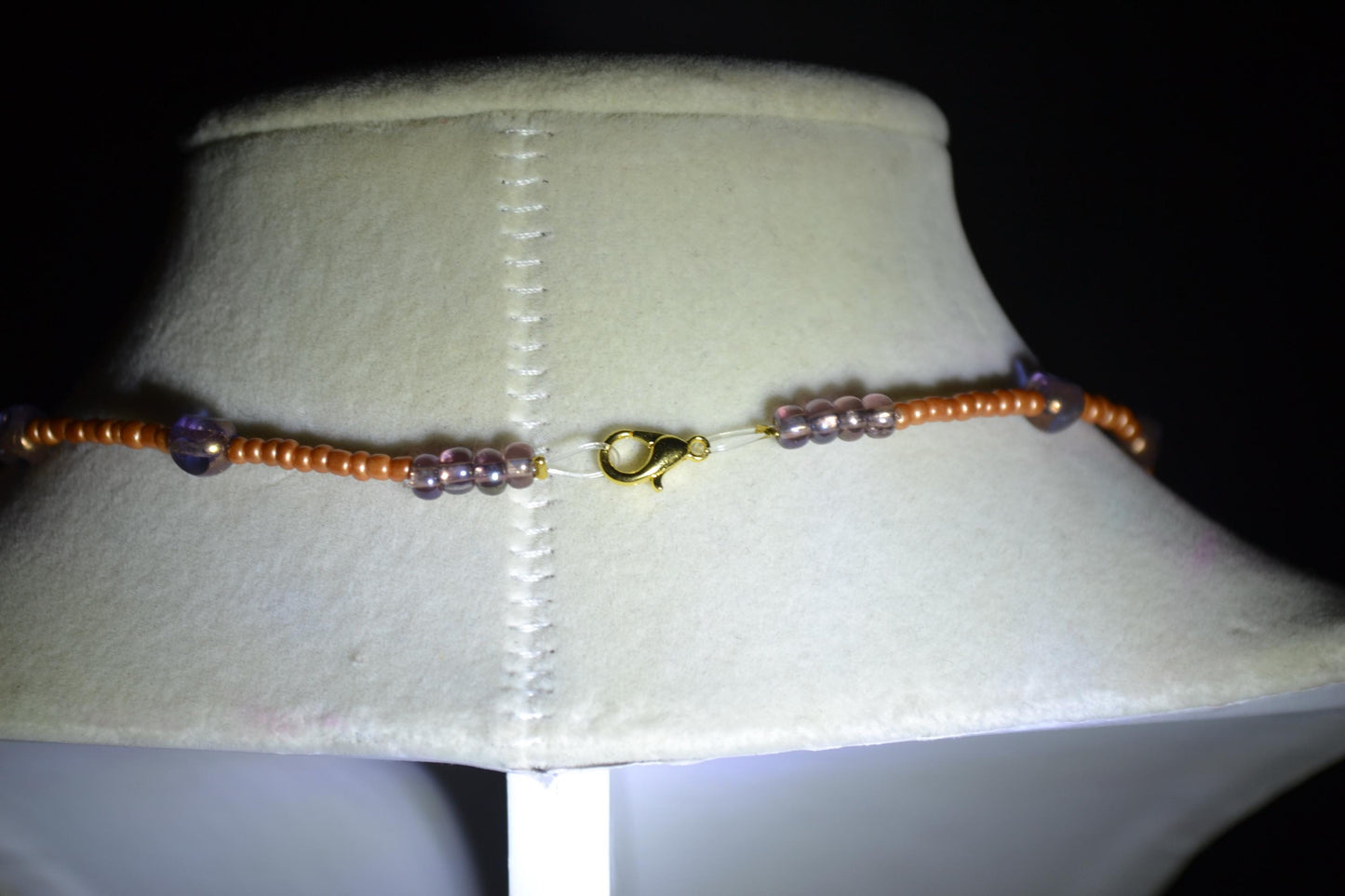Multicolor glass bead necklace. Burnt orange and amethyst