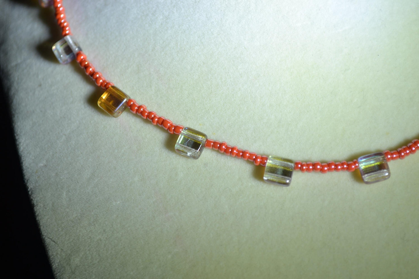 Multicolor glass bead necklace. Reversible. Orange and amber