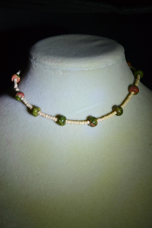 Multicolor glass bead choker. Ocean jasper and sand
