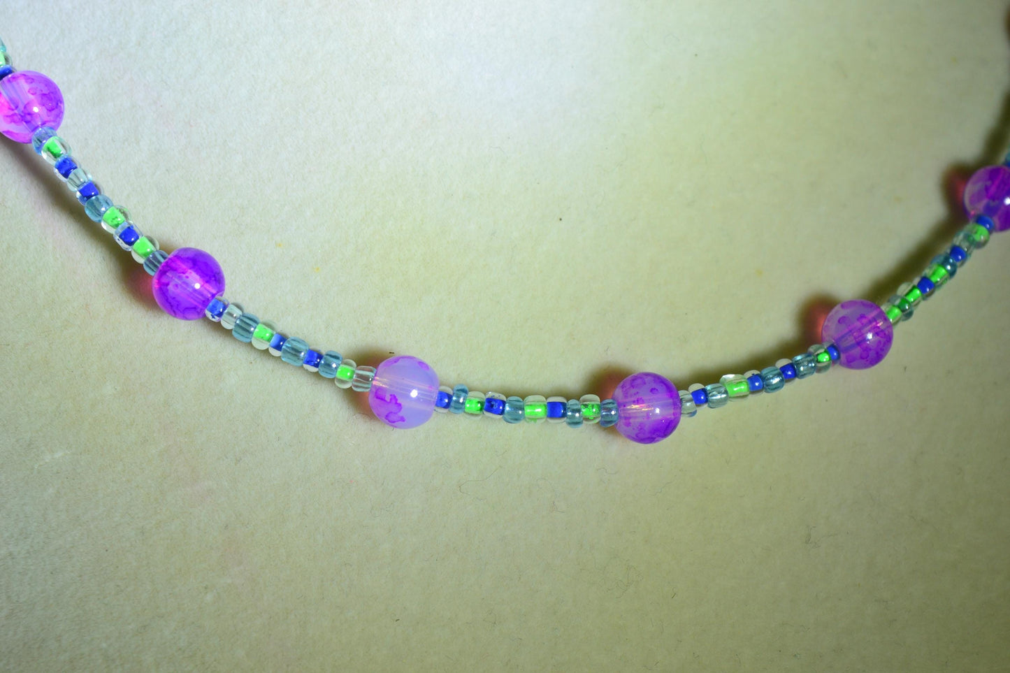 Multicolor glass bead necklace. Pink, blue, and green
