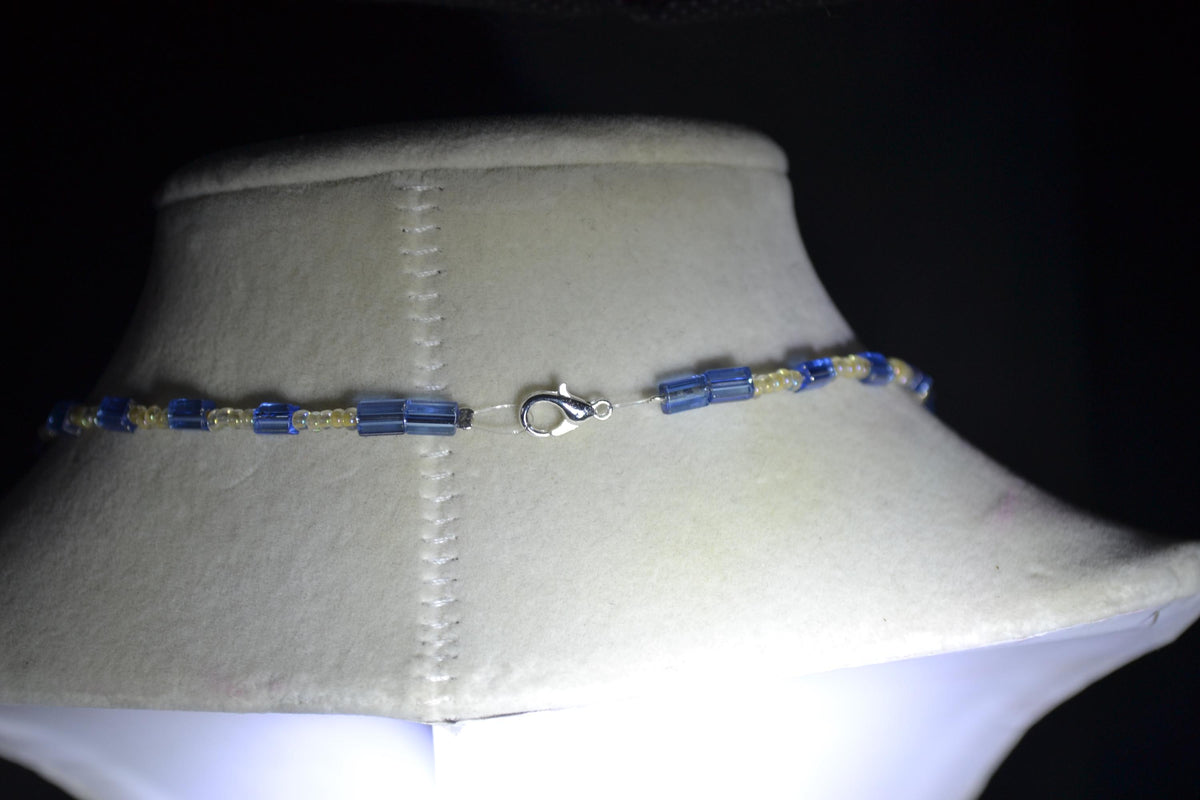 Silver Mermaid pendant glass bead necklace. Blue and sand