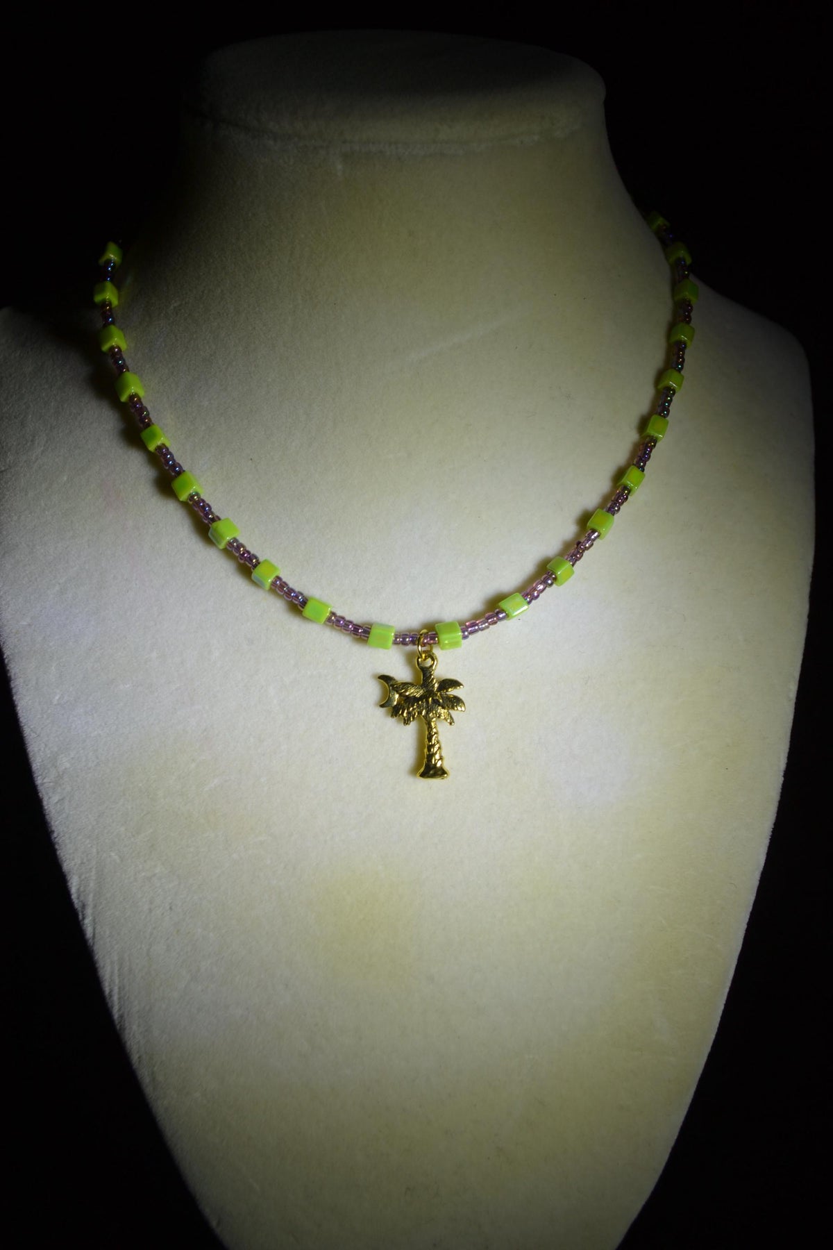 Gold Palm tree pendant glass bead necklace. Amethyst and lime