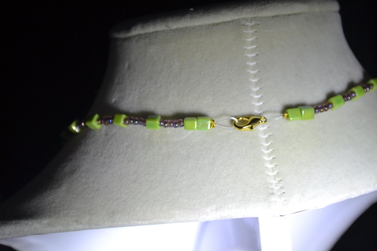 Gold Palm tree pendant glass bead necklace. Amethyst and lime