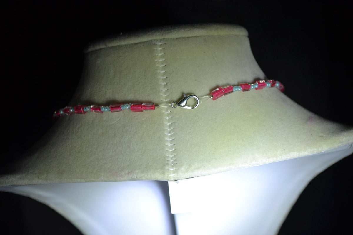Silver Cactus pendant glass bead necklace. Aqua and fuchsia