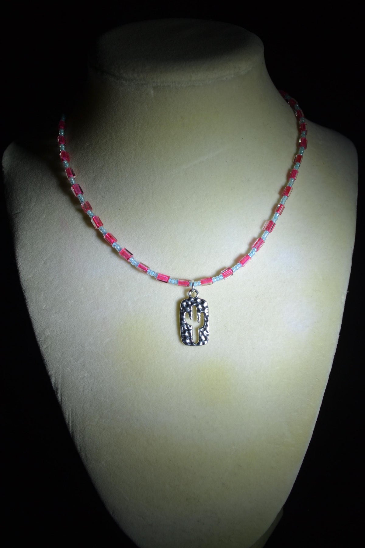 Silver Cactus pendant glass bead necklace. Aqua and fuchsia