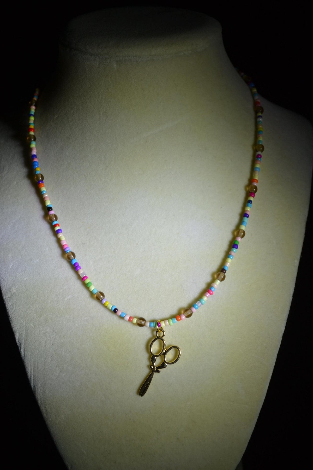 Gold Scissor pendant glass bead necklace. Rainbow and natural