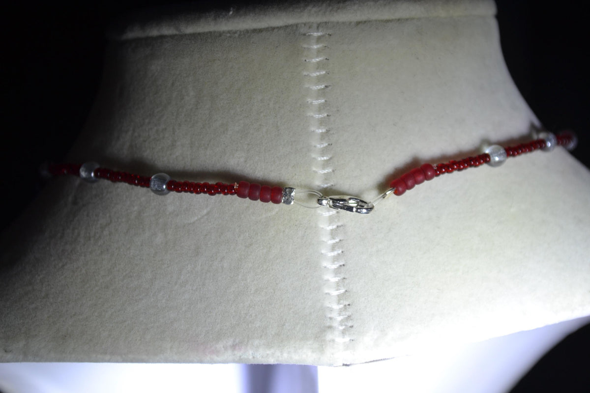 Silver Cactus and Sun pendant glass bead choker. Red and silver