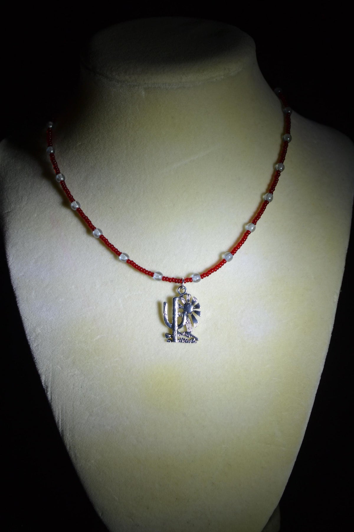Silver Cactus and Sun pendant glass bead choker. Red and silver