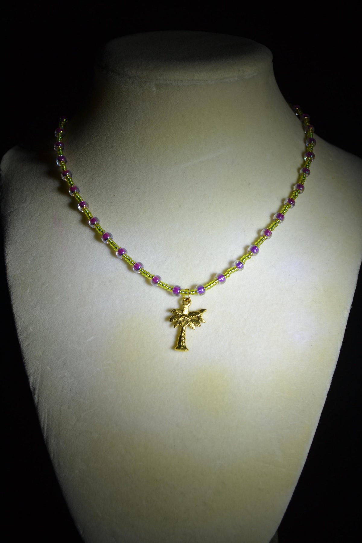 Gold Palm & Moon pendant glass bead choker. Green and pink