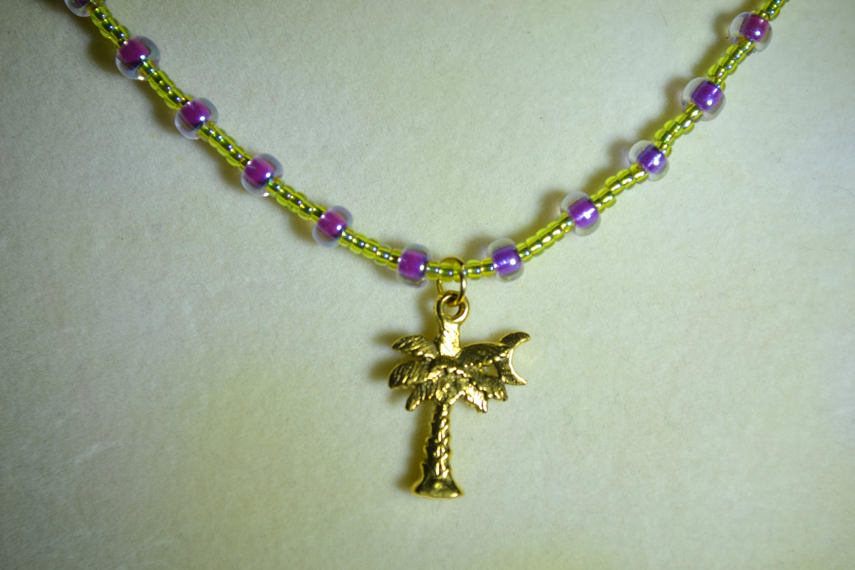 Gold Palm & Moon pendant glass bead choker. Green and pink