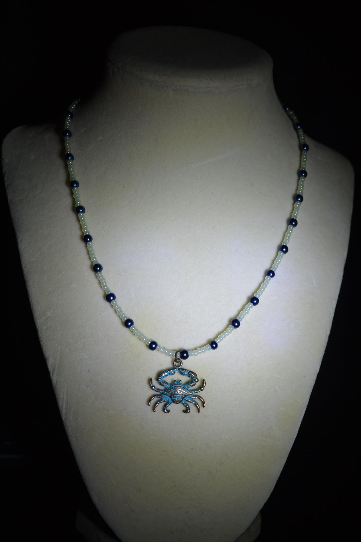 Bronze& Blue Crab pendant glass bead necklace. Pearl green and navy