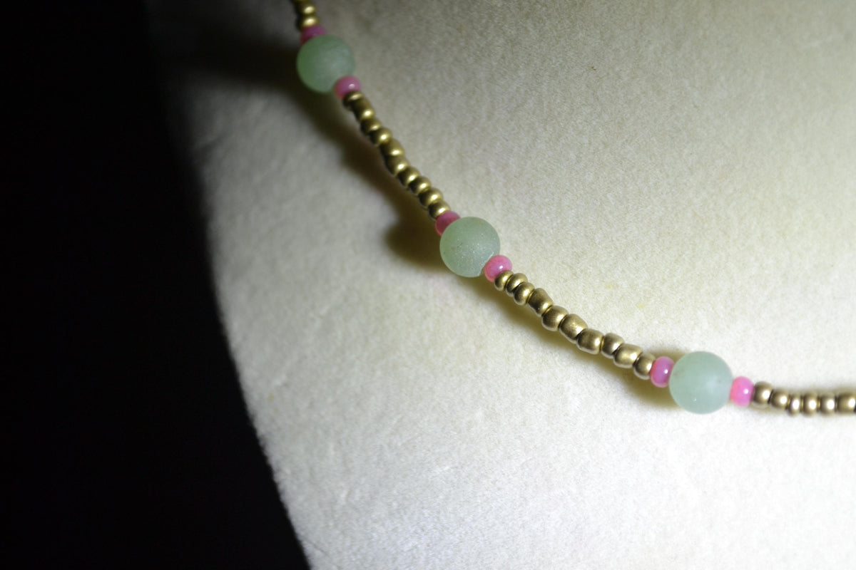 Multicolor glass bead necklace. Gold, sea glass, and raspberry