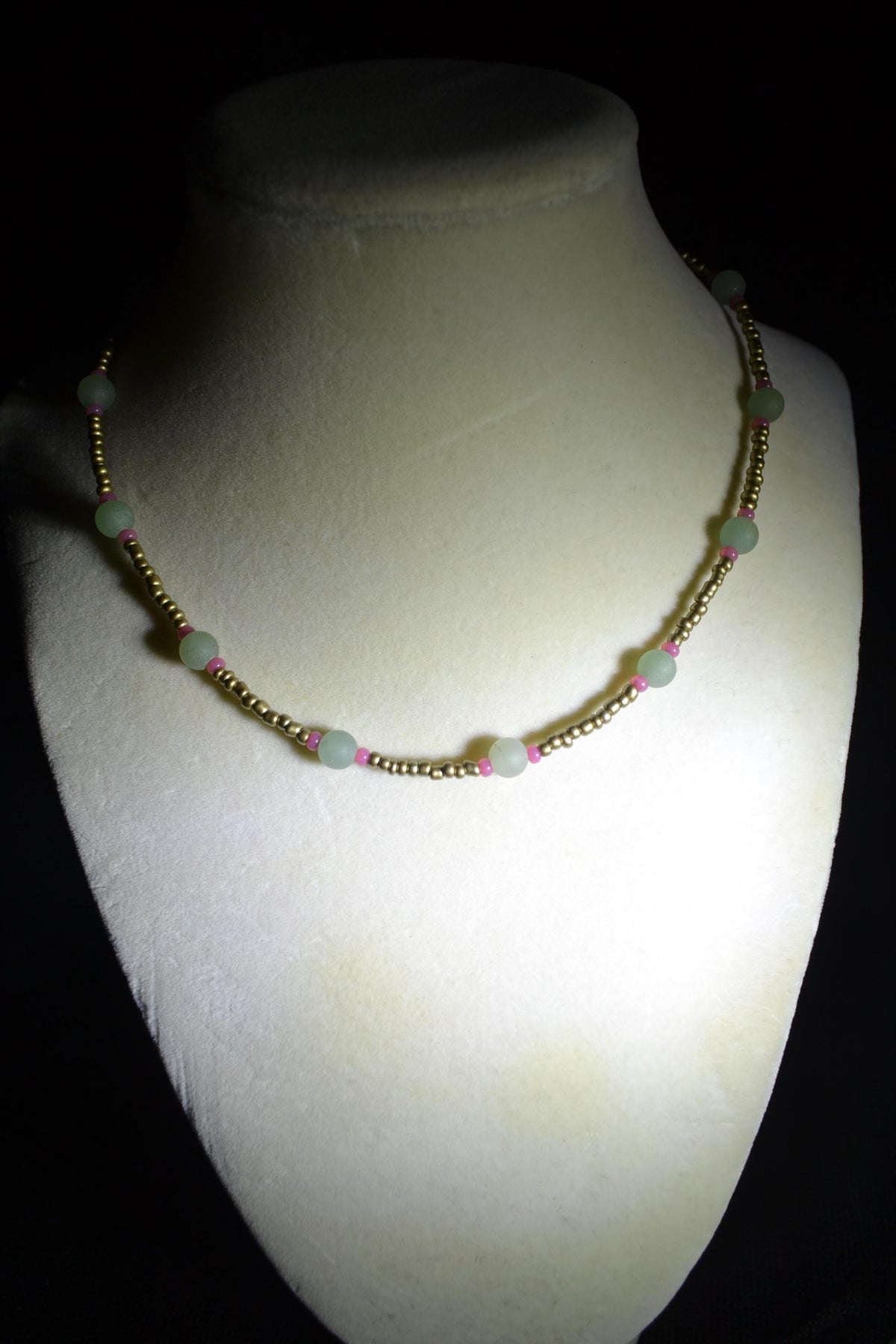 Multicolor glass bead necklace. Gold, sea glass, and raspberry