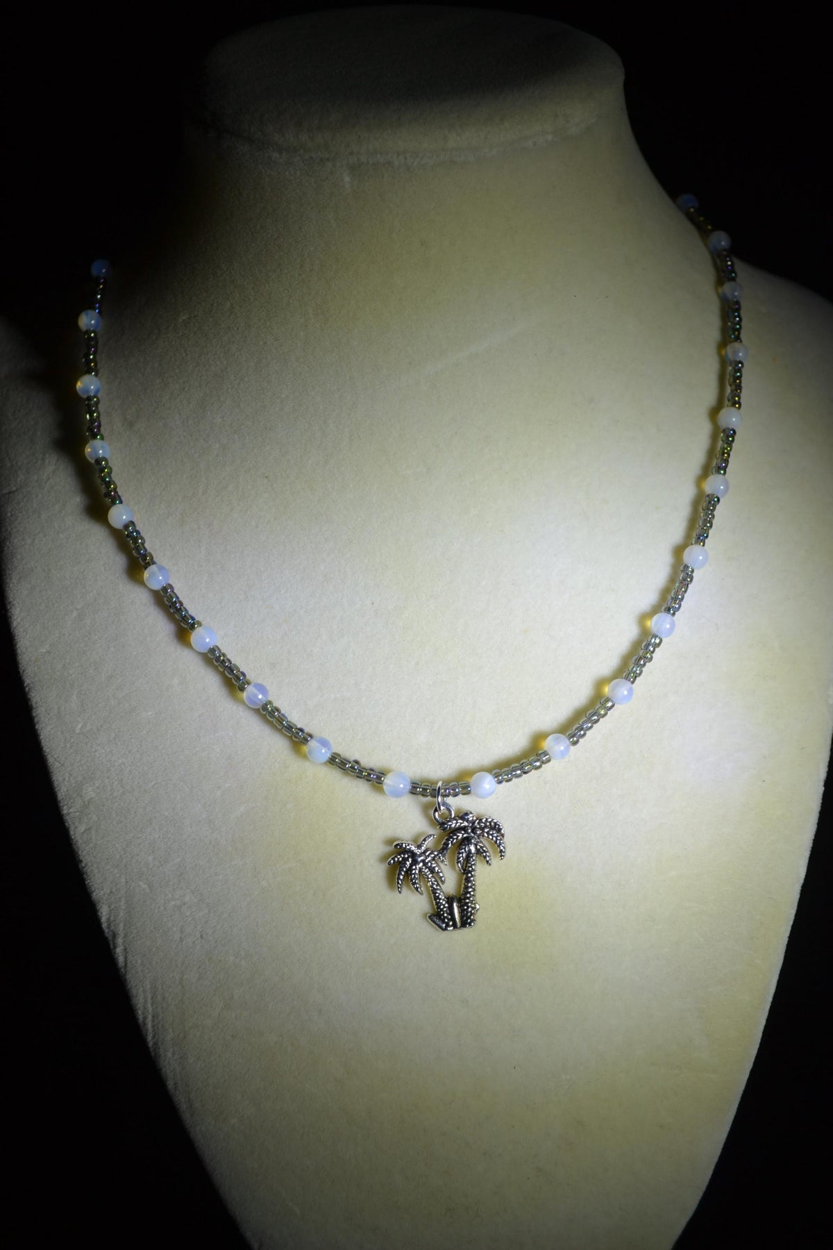 Palm tree pendant glass bead necklace. Oil spill and moonstone