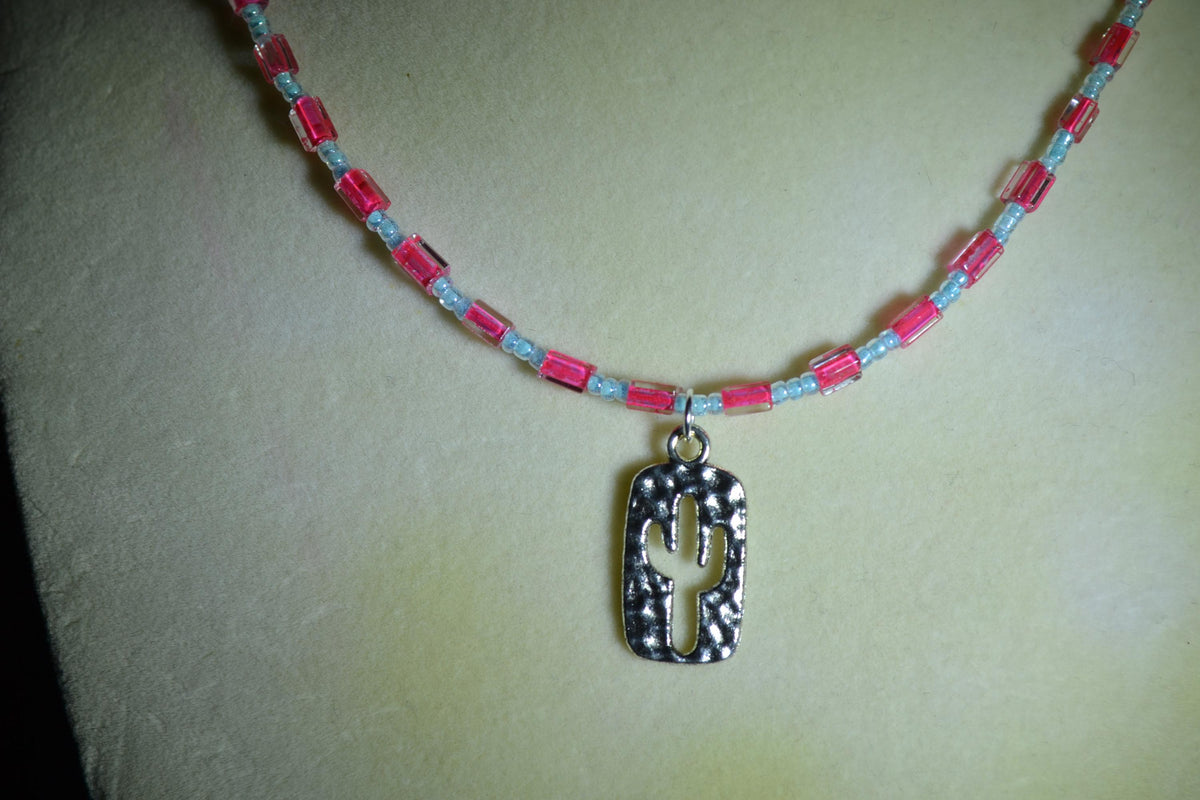 Silver Cactus pendant glass bead necklace. Aqua and fuchsia