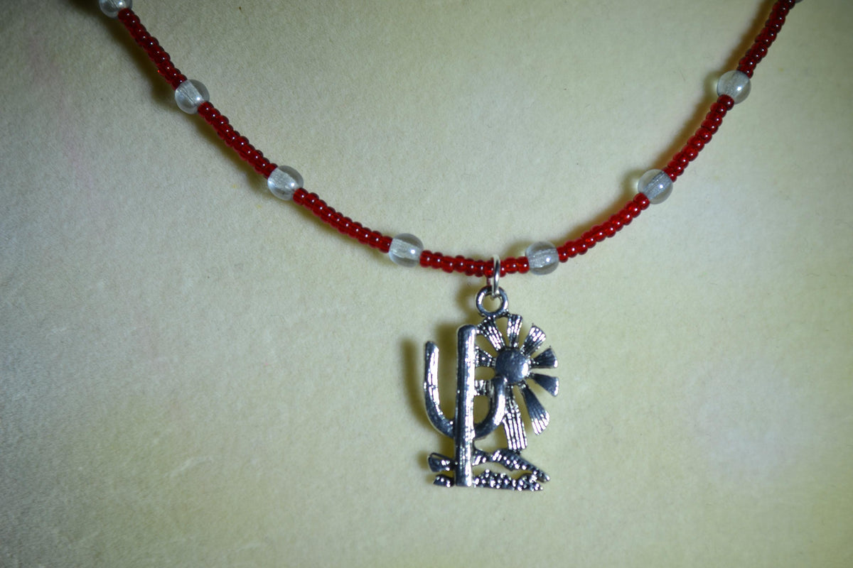 Silver Cactus and Sun pendant glass bead choker. Red and silver