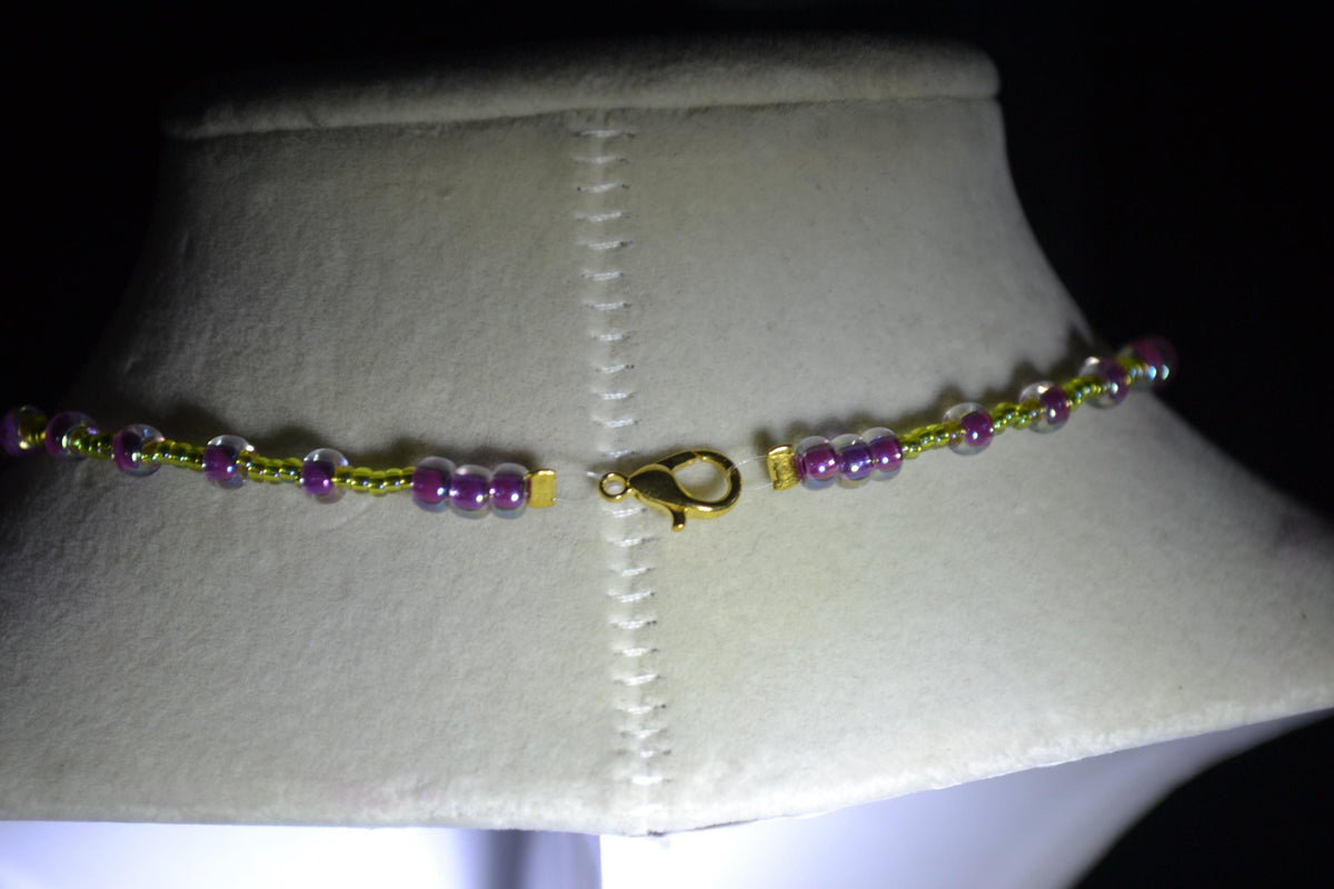 Gold Palm & Moon pendant glass bead choker. Green and pink