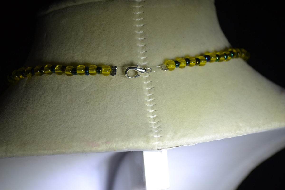 Silver Cactus pendant glass bead choker. Yellow and metallic black