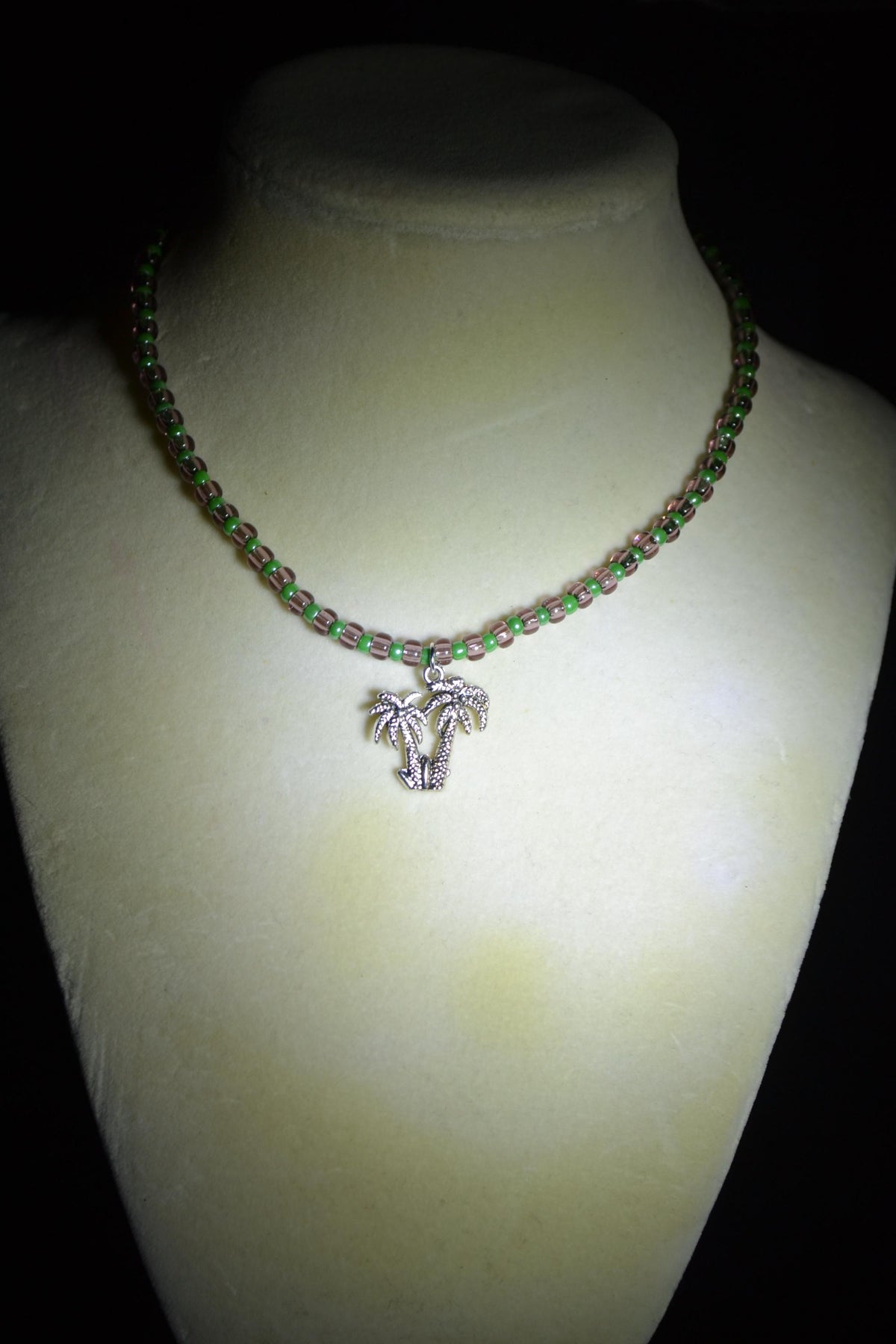 Silver Palms pendant glass bead choker. Amethyst and green