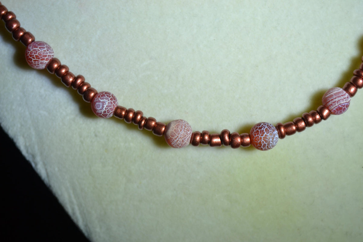 Multicolor glass bead necklace. Copper and crackled red