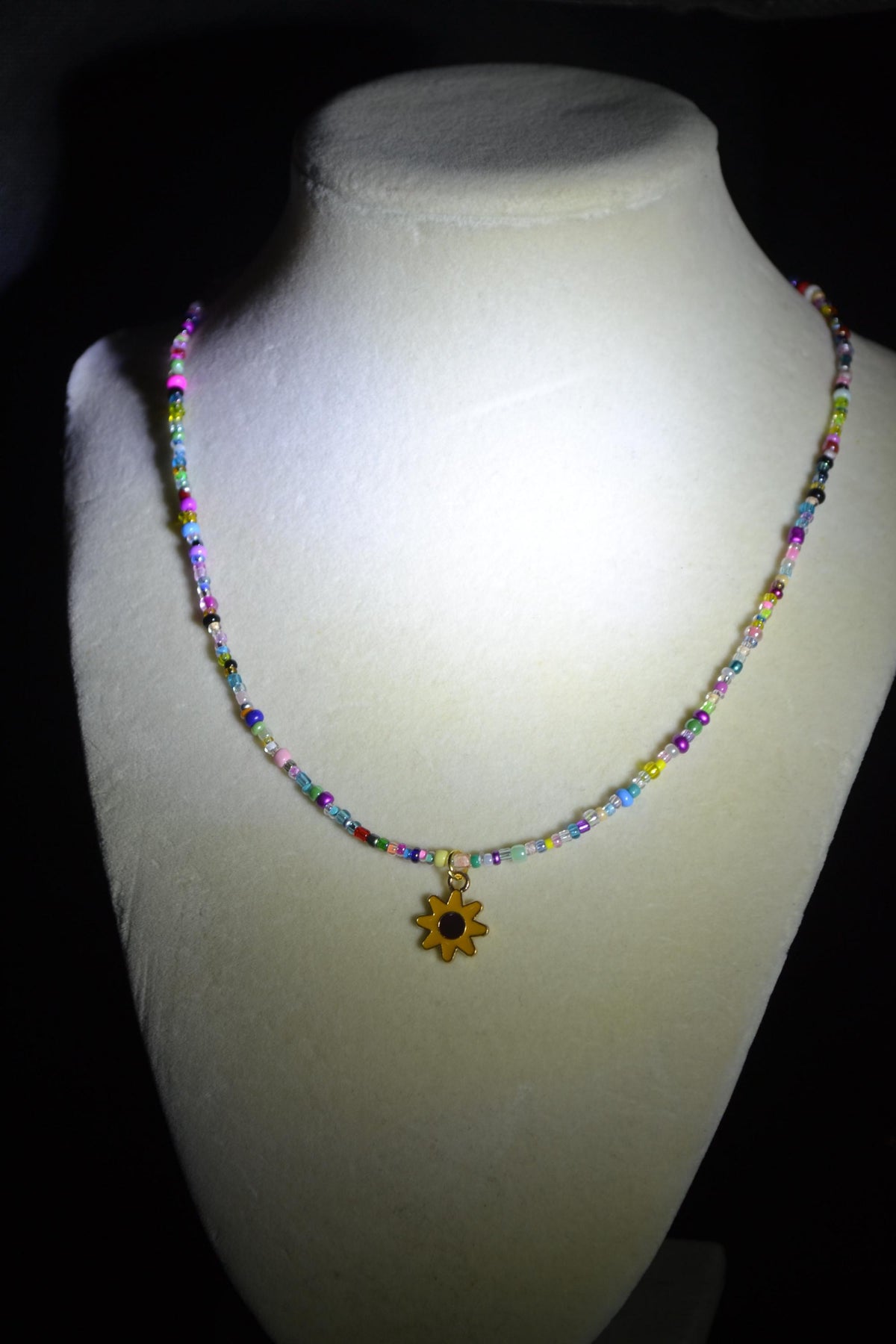 Sunflower pendant glass bead necklace. Rainbow