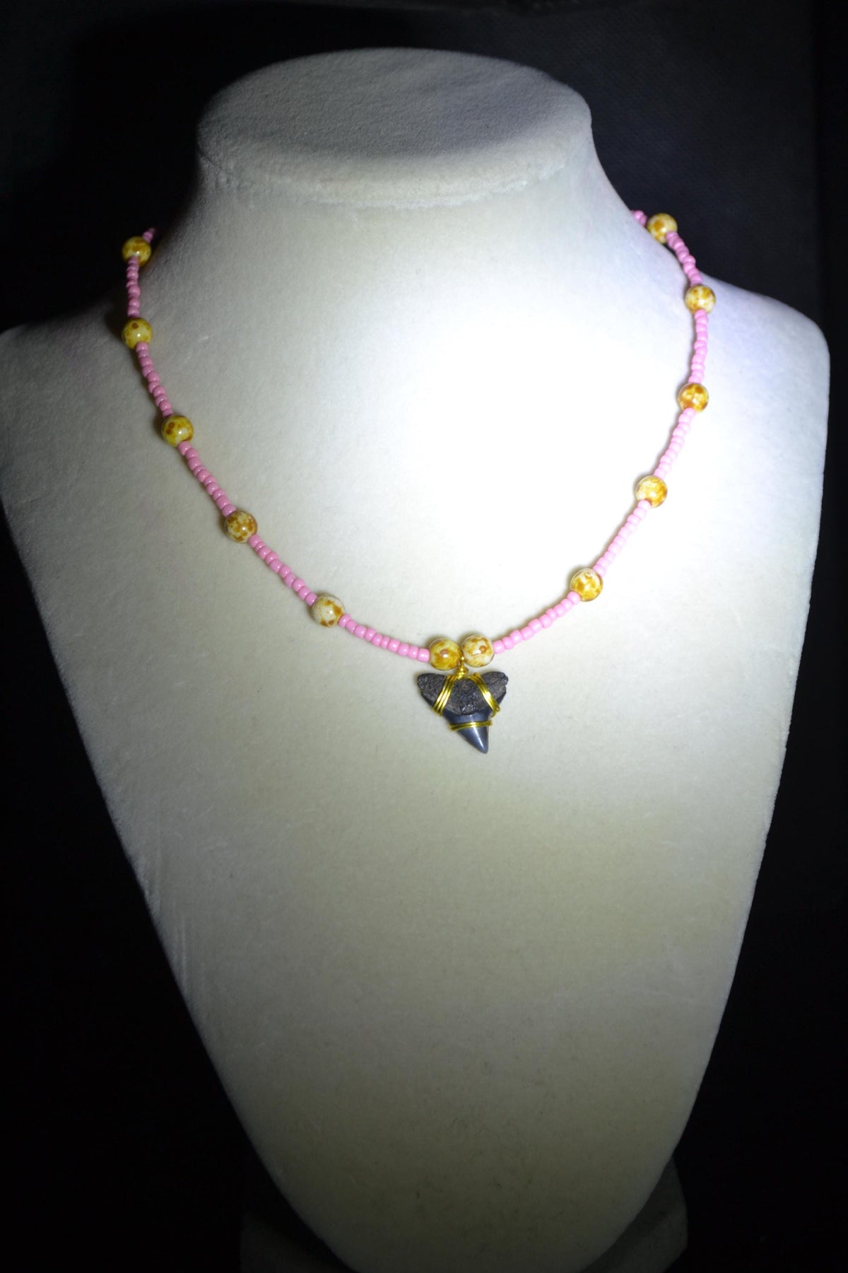 Wire wrapped sharks tooth beaded choker. Pink and Picasso