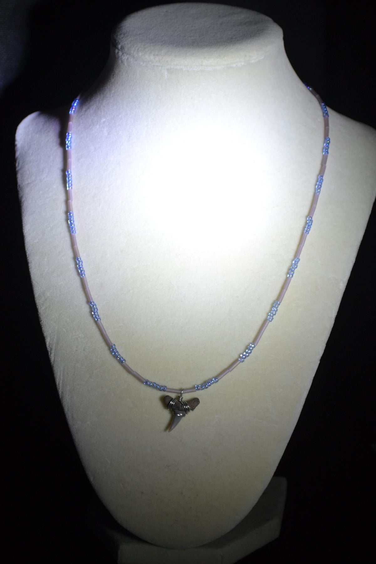 Wire wrapped sharks tooth beaded necklace. Blue and light amethyst