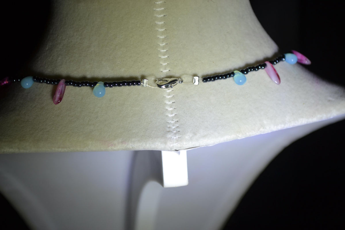 Multicolor glass bead choker. Gunmetal, Aqua, and raspberry