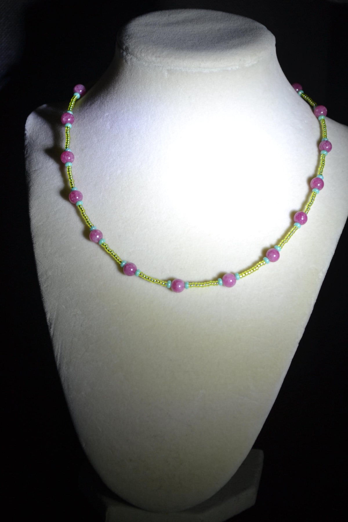 Multicolor glass bead necklace . Cranberry, turquoise, and lime