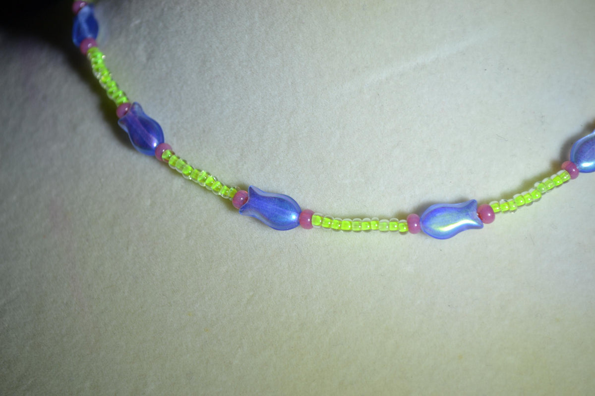 Multicolor fish glass bead choker. Lime, blue, and raspberry