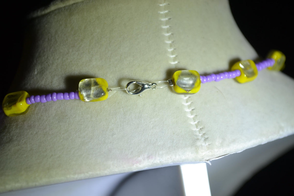 Multicolor glass bead choker. Lavender, yellow, and silver