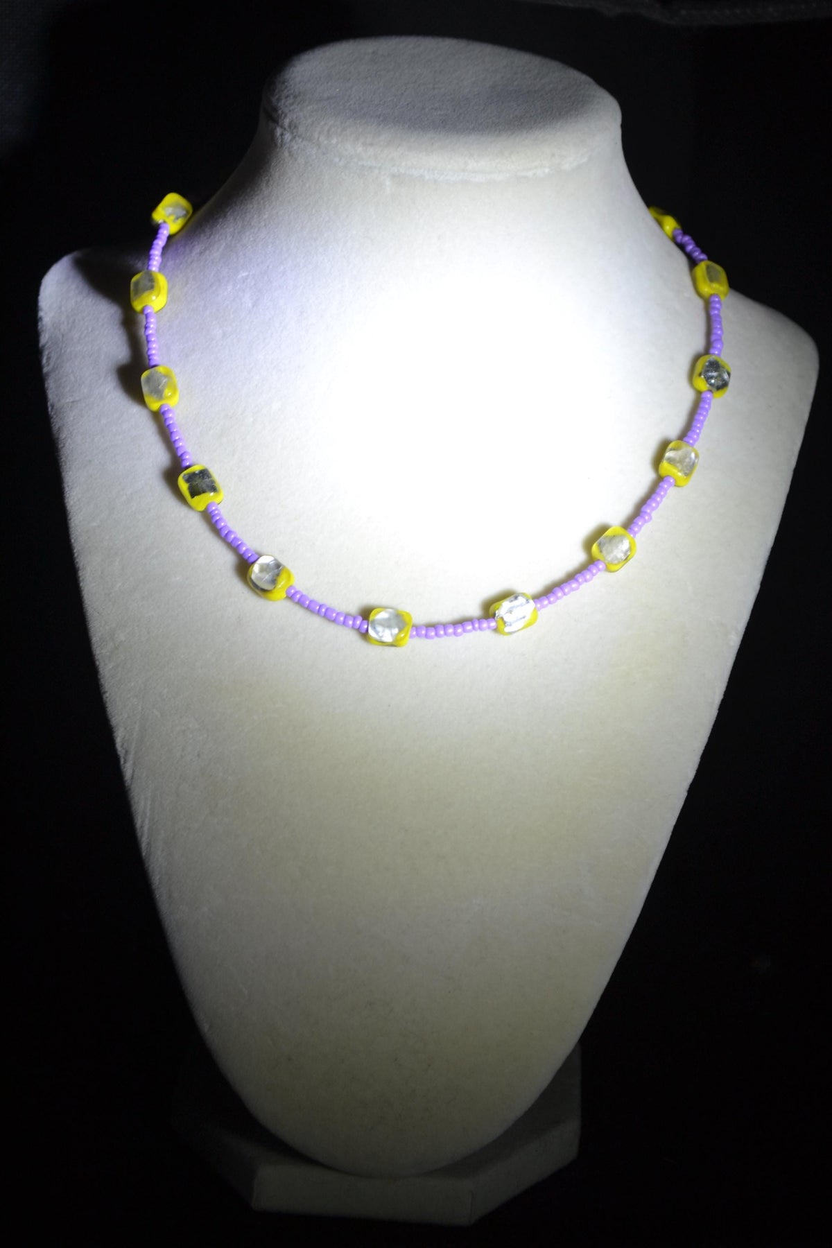 Multicolor glass bead choker. Lavender, yellow, and silver