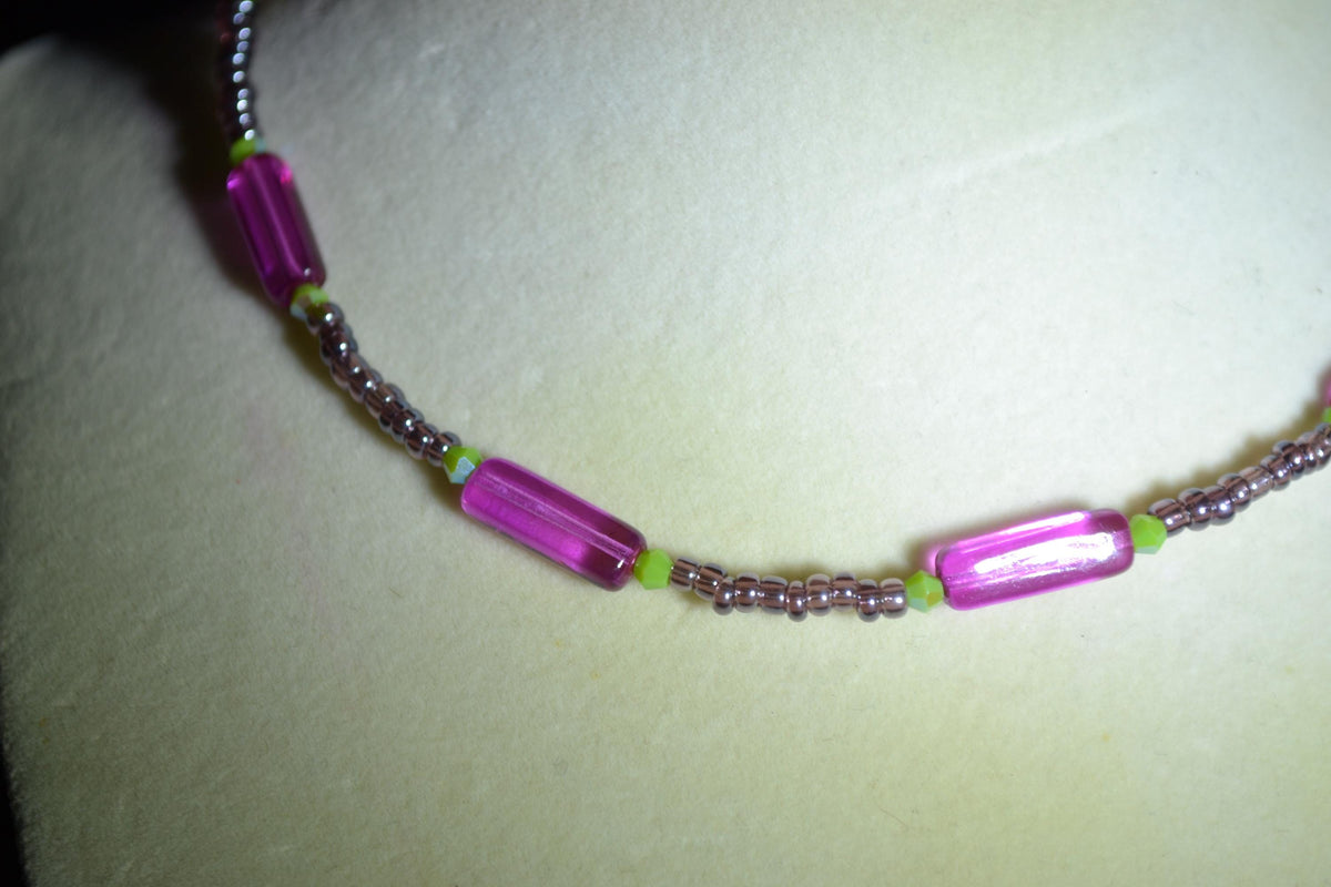 Multicolor glass bead choker. Fuchsia, lime, and amethyst
