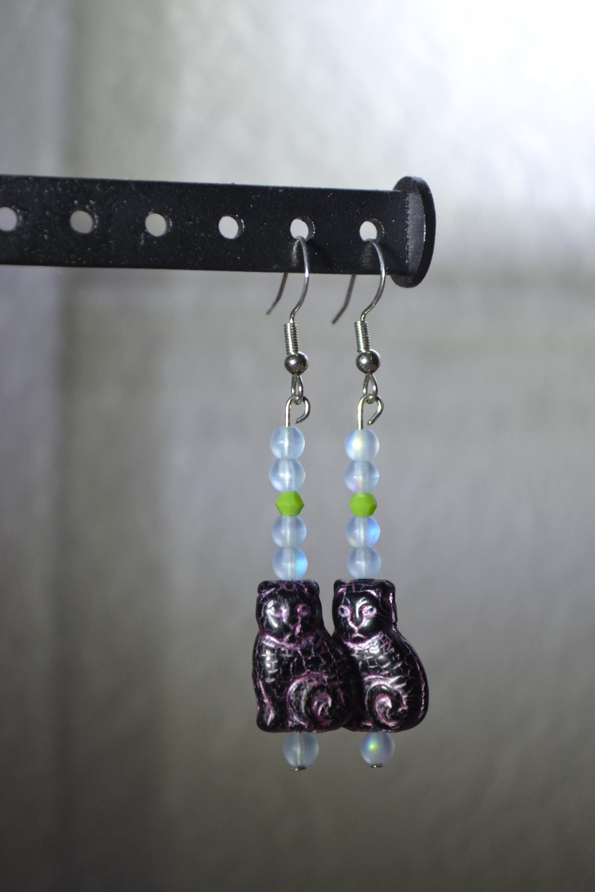 Beaded Cat Earrings. Pink, iridescent, and lime