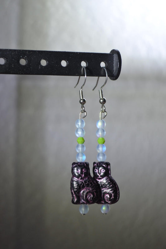 Beaded Cat Earrings. Pink, iridescent, and lime