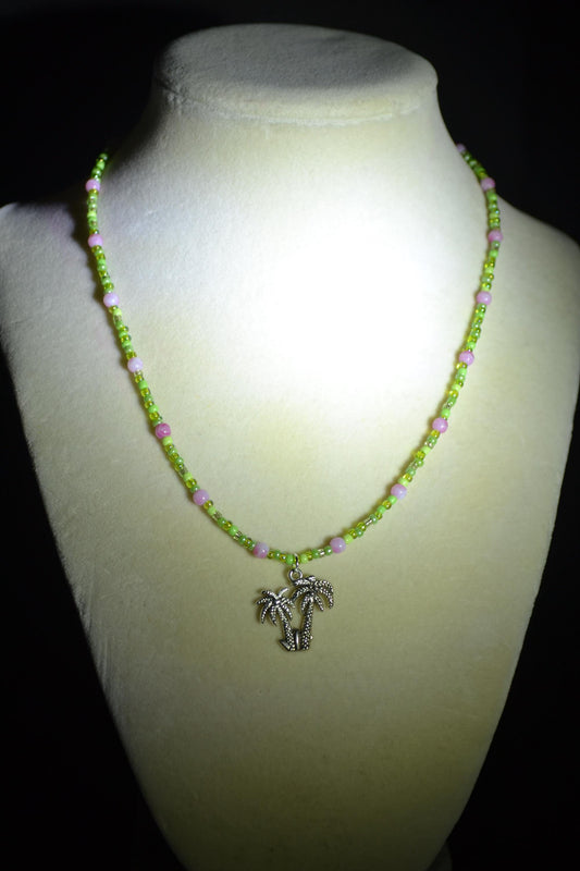 Silver Palms pendant glass bead necklace. Marbled Pink and greens