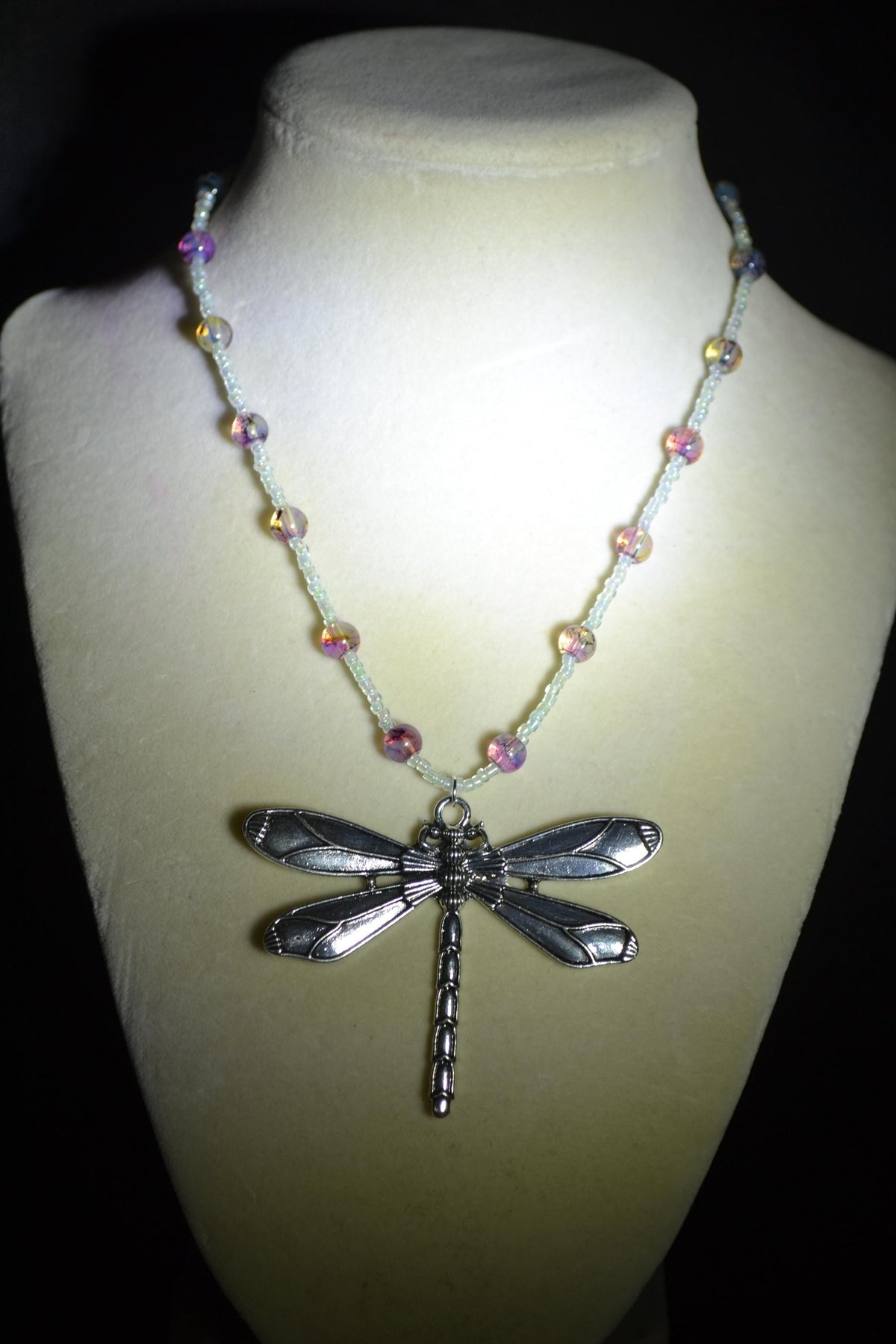 Silver Dragonfly pendant glass bead necklace. Marbled purple and crystal